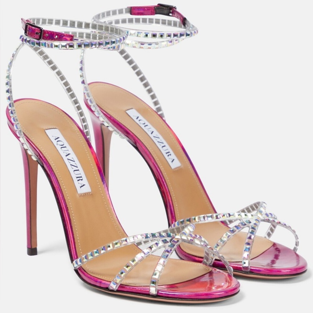 AQUAZZURA Dance Plexi 105 Embellished PVC/ iridescent leather sandals Size 38.5